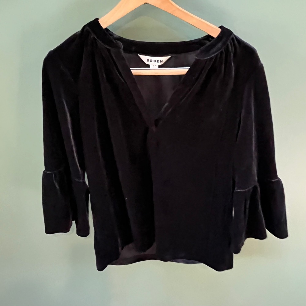 Boden‎ Black Velvet Bell Sleeve V Neck Top Shirt Blouse Womens UK10 US6